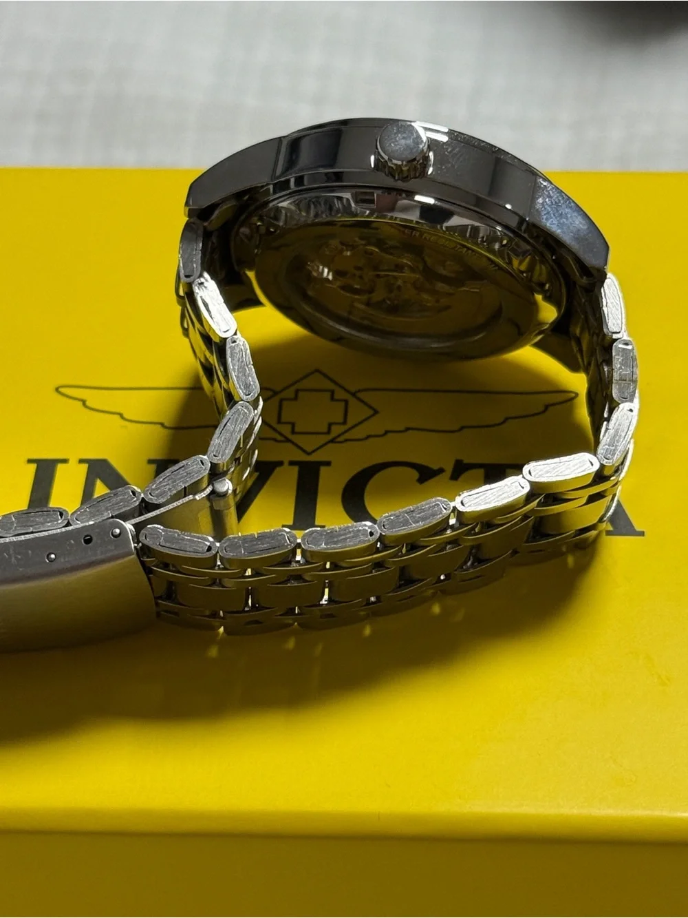 Invicta Silver Stainless Steel Men's Watch with Black Skeleton Dial
